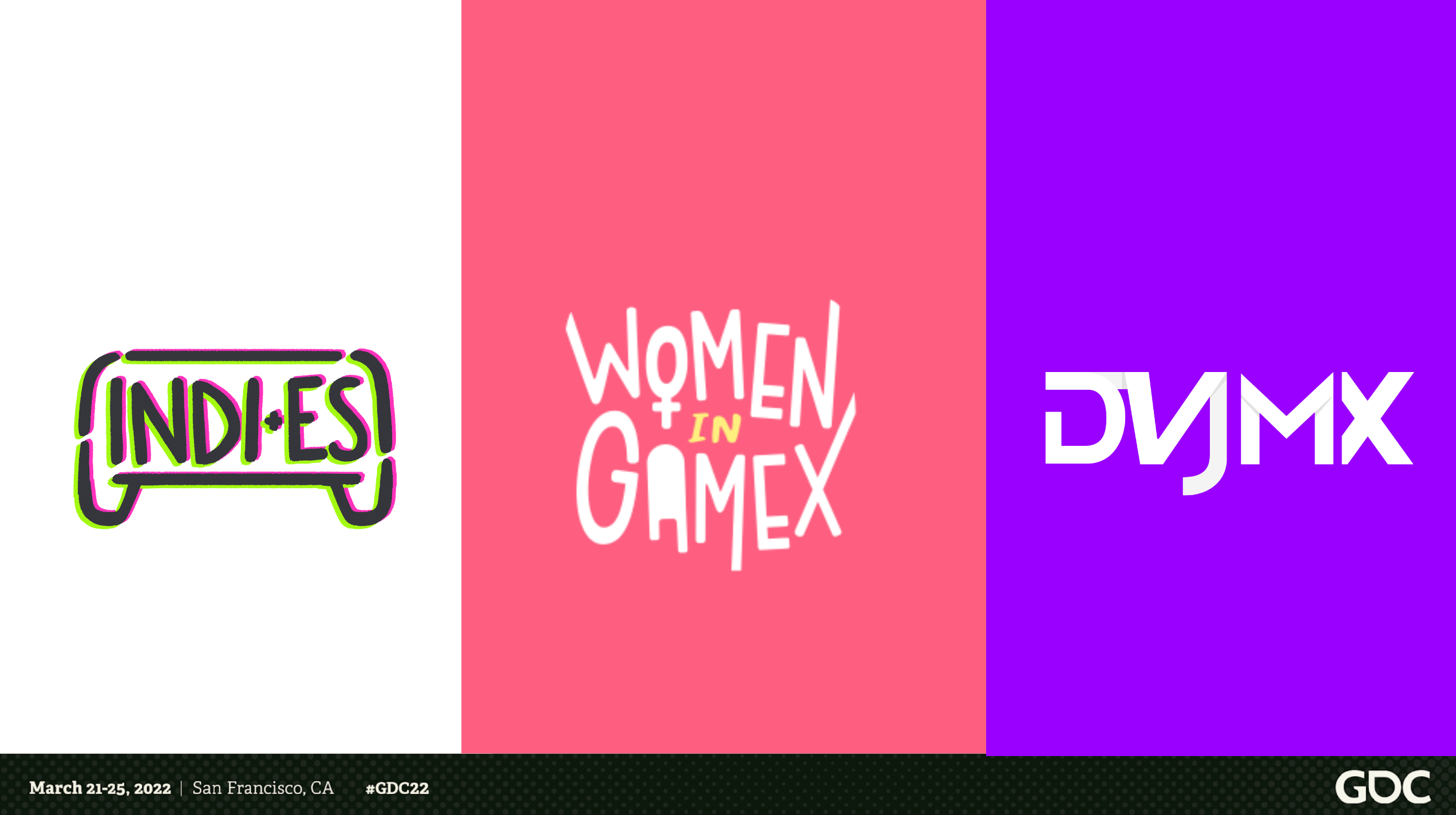 A presentation slide witht three logos, INDIES, Women In Gamex and VJMX